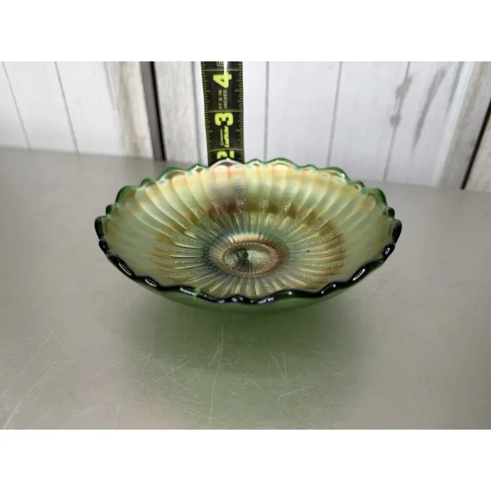 Vintage Fenton Green Carnival Glass Rays SCALLOP EDGE BOWL Trinket Dish